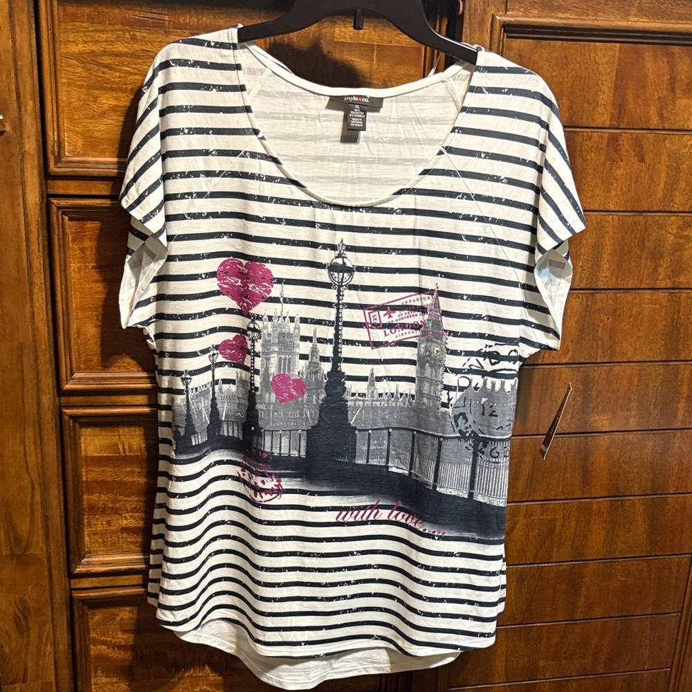 Style & Co. Navy and White Striped Tee with Pink Accents